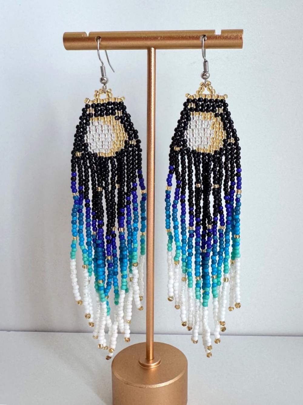 Beaded Fringe Earrings Shoulder Duster Black Blue White Seed Beads Boho Tassel